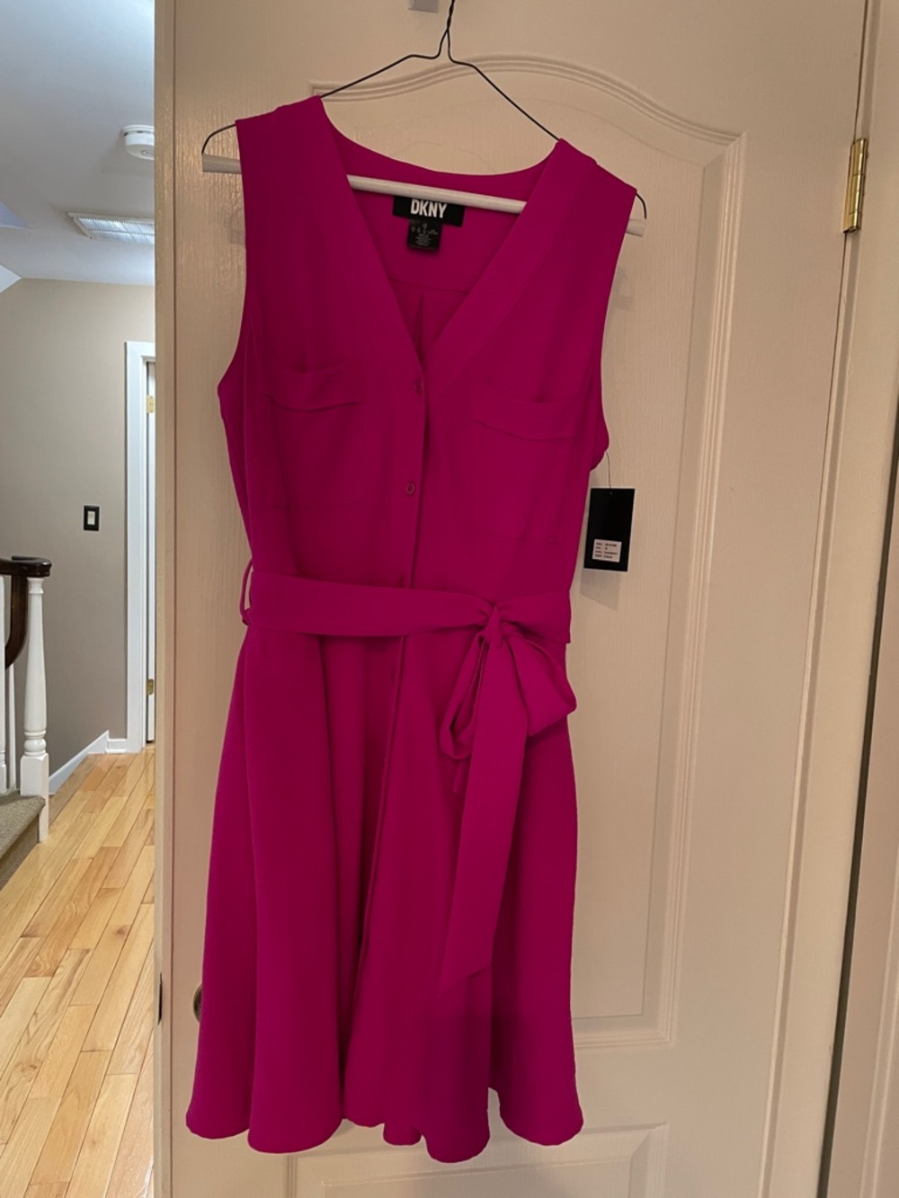 NWT DKNY Sleeveless Fuchsia Midi Dress with Tie Waist sz 10